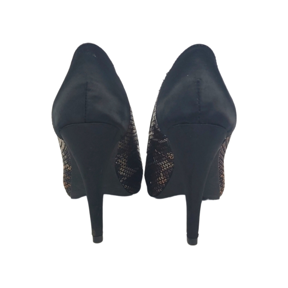 Leopard Gold Bronze Satin Black Peep Toe Stiletto High Heel Shoes, Size 5 - Picture 3 of 8